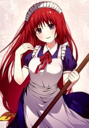 Rule 34 | 1girl, apron, bow, broom, collar, collared dress, commentary, cowboy shot, dress, euthan, frilled apron, frills, hair bow, hand in own hair, hashtag-only commentary, highres, holding, holding broom, light blush, long hair, looking at viewer, low-tied long hair, maid, maid headdress, neck ribbon, parted lips, puffy short sleeves, puffy sleeves, purple dress, purple eyes, purple sleeves, red hair, red ribbon, ribbon, seihou, short sleeves, simple background, smile, solo, very long hair, vivit, white apron, white background, white collar, white headdress, yellow bow