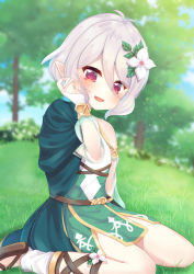 Rule 34 | 1girl, :d, antenna hair, bare shoulders, blurry, blurry background, blush, bridal gauntlets, commentary request, day, depth of field, dress, flower, grass, green dress, hair between eyes, hair flower, hair ornament, hand up, highres, kokkoro (princess connect!), long sleeves, looking at viewer, on grass, open mouth, outdoors, pointy ears, princess connect!, puffy long sleeves, puffy sleeves, red eyes, see-through, see-through sleeves, silver hair, sitting, sleeveless, sleeveless dress, smile, solo, suzu (minagi), tree, wariza, white flower, white legwear