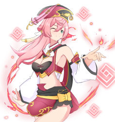 1girl antlers bare_shoulders black_bloomers black_bra bloomers bra breasts coin_hat_ornament cowboy_shot crop_top detached_sleeves embers fire genshin_impact green_eyes hair_between_eyes hat_ornament horns long_hair medium_breasts midriff one_eye_closed pink_hair pyrokinesis red_headwear red_skirt remingu skirt smile solo underwear vision_(genshin_impact) white_background yanfei_(genshin_impact)