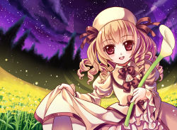 Rule 34 | 1girl, bad id, bad pixiv id, blonde hair, blush, bug, clothes lift, dress, dress lift, drill hair, female focus, field, firefly, flower, flower field, gorota, hat, insect, luna child, night, red eyes, solo, touhou, wings