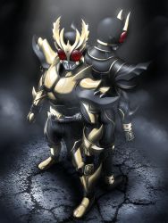 Rule 34 | 1boy, back-to-back, belt, dual persona, from above, full body, gradient background, highres, horns, kamen rider, kamen rider dcd, kamen rider kuuga, kamen rider kuuga (rising ultimate form), kamen rider kuuga (series), kamen rider kuuga (ultimate form), male focus, single horn, taikyokuturugi
