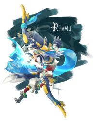 Rule 34 | 1boy, aiming, animal feet, anklet, arms up, arrow (projectile), beak, bird boy, bird legs, bird tail, blue background, blue fur, blue hair, blue scarf, blue theme, blush stickers, body fur, bow (weapon), braid, character name, claws, drawing bow, english text, from behind, full body, furry, furry male, glint, green eyes, hair tie, highres, holding, holding arrow, holding bow (weapon), holding weapon, jewelry, leg warmers, looking back, male focus, medium hair, nintendo, open mouth, quad tails, revali, rito, scarf, solo, tail, the legend of zelda, the legend of zelda: breath of the wild, two-tone fur, ukata, weapon, white fur, winged arms, wings