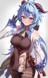 Rule 34 | 1girl, ahoge, bell, blue hair, bodystocking, breasts, chinese knot, cowboy shot, desire (tbot7), detached sleeves, ganyu (genshin impact), genshin impact, gloves, goat horns, gold trim, hand up, highres, horns, large breasts, long hair, neck bell, parted lips, pelvic curtain, purple eyes, simple background, solo, very long hair, vision (genshin impact), white background