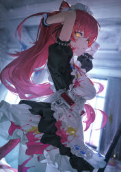 Rule 34 | 1girl, absurdres, apron, breasts, closed mouth, commentary request, gun, hair ornament, handgun, highres, indoors, long hair, looking at viewer, maid, maid apron, maid headdress, medium breasts, mr.lime, nekota tsuna, paint, paint splatter, paint splatter on face, red hair, short sleeves, solo, virtual youtuber, vspo!, weapon, white apron, window, wrist cuffs, x hair ornament, yellow eyes