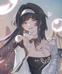 1girl 329kome astra_yao astra_yao_(chandelier) beads black_hair breasts cleavage dress hairband highres jewelry necklace official_alternate_costume pearl_necklace pink_eyes smile solo upper_body white_hairband zenless_zone_zero