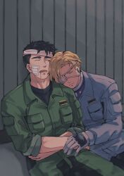 Rule 34 | 2boys, ao isami, bandaged head, bandages, bandaid, bandaid on face, black hair, blonde hair, blue jumpsuit, dmp221190800, drooling, eyepatch, facial hair, feet out of frame, gloves, green jumpsuit, hand on another&#039;s arm, highres, jumpsuit, lewis smith, male focus, medical eyepatch, multiple boys, open mouth, pocket, short hair, sideburns stubble, sitting, sleeping, stubble, yaoi, yuuki bakuhatsu bang bravern
