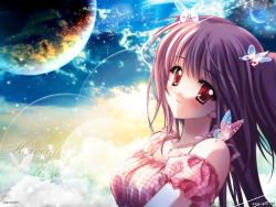 Rule 34 | airi (quilt), bug, butterfly, carnelian, cloud, insect, jewelry, long hair, moon, necklace, pink hair, plaid, planet, quilt (game), red eyes, sky, smile, solo, space, sun, third-party edit, twintails, two side up, wallpaper, watermark