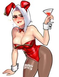 Rule 34 | 1girl, animal ears, artist name, ashe (overwatch), bare shoulders, blush, blushyspicy, bow, bowtie, breasts, brown pantyhose, cleavage, cocktail glass, cowboy shot, cup, detached collar, detached sleeves, drinking glass, earrings, fake animal ears, hand up, highres, holding, holding cup, jewelry, large breasts, leaning forward, leotard, medium hair, overwatch, pantyhose, rabbit ears, red bow, red bowtie, red eyes, red leotard, shiny skin, simple background, smile, solo, teeth, white background, white hair, wrist cuffs
