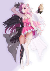 Rule 34 | 1girl, absurdres, angel wings, arm up, bare shoulders, black dress, black wings, braid, breasts, character doll, collarbone, dorothy (nikke), dorothy (nostalgia) (nikke), dress, fake wings, feathered wings, frilled dress, frills, full body, glowing, glowing eyes, gluteal fold, goddess of victory: nikke, hair ribbon, highres, kneehighs, large breasts, light blush, long hair, looking at viewer, panties, pantyshot, parted lips, pink dress, pink hair, pinne (nikke), purple eyes, ramuneogura, ribbon, socks, solo, thigh strap, torn clothes, two-tone dress, underwear, white panties, white ribbon, white wings, wings