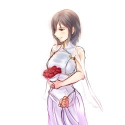 Rule 34 | 10s, 1girl, bouquet, breasts, brown eyes, brown hair, cape, collaboration, colorized, dress, flower, inaba himeko, kokoro connect, medium breasts, monorus, see-through, short hair, sleeveless, sleeveless dress, smile, solo, watermelon (artist), white background