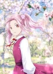Rule 34 | 1girl, absurdres, blurry, blurry background, brown eyes, cherry blossoms, dated, dress, floating hair, flower, from side, hair flower, hair ornament, hannelore (honzuki no gekokujou), highres, honzuki no gekokujou, long hair, long sleeves, looking at viewer, neck ribbon, parted lips, pinafore dress, pink flower, pink hair, red dress, red ribbon, ribbon, shirt, sleeveless, sleeveless dress, solo, spring (season), standing, twintails, twitter username, white shirt, yuuko24