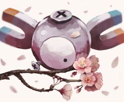 Rule 34 | branch, cherry blossoms, commentary request, creatures (company), esuke coil, falling petals, floating, game freak, gen 1 pokemon, highres, magnemite, nintendo, no humans, one-eyed, petals, pokemon, pokemon (creature), screw, white background