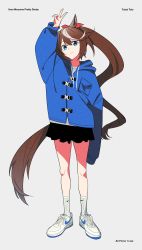 Rule 34 | 1girl, acubi tomaranai, alternate costume, animal ears, arm at side, arm up, black skirt, blue eyes, blue jacket, brown hair, buckle, character name, copyright name, english text, fashion, full body, grey background, highres, hood, hooded jacket, horse ears, horse girl, horse tail, jacket, long hair, long sleeves, looking at viewer, miniskirt, multicolored hair, nike (company), ponytail, product placement, shirt, simple background, skirt, smile, snap-fit buckle, socks, solo, standing, streaked hair, tail, tokai teio (umamusume), umamusume, v, very long hair, white footwear, white shirt, white socks