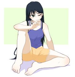 Rule 34 | 1girl, absurdres, bare arms, bare shoulders, barefoot, black hair, blue camisole, blush, brown shorts, camisole, closed mouth, fool iketani, full body, green background, green eyes, highres, knee up, long hair, one eye closed, original, shadow, short shorts, shorts, sitting, solo, two-tone background, very long hair, white background