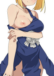 Rule 34 | 1girl, blonde hair, blue dress, blush, breasts, choker, closed mouth, commentary request, dr. stone, dress, head out of frame, highres, kohaku (dr. stone), large breasts, long hair, looking at viewer, morisobo, nipples, one breast out, short hair, simple background, smile, solo, standing, thighs, white background, white choker