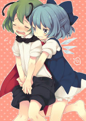Rule 34 | 1boy, 1girl, antennae, bad id, bad pixiv id, blue dress, blue eyes, blue hair, blue skirt, blush, bow, cirno, closed eyes, clothes pull, crotch grab, crying, dress, fang, genderswap, genderswap (ftm), green hair, grin, hair bow, half updo, heart, heart background, maki (natoriumu), open clothes, open mouth, open shorts, pulling another&#039;s clothes, shirt, short hair, shorts, shorts pull, simple background, skirt, smile, spoken heart, tears, touhou, trap, v arms, wavy mouth, wings, wriggle nightbug, yuri