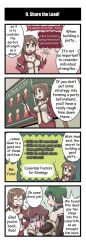 Rule 34 | 1girl, 2boys, 4koma, :d, ^ ^, ahoge, alternate language, artist request, blood, brown eyes, brown hair, chalkboard, choker, closed eyes, comic, cowboy shot, english text, closed eyes, from below, glasses, green hair, hand on own hip, hard-translated, highres, human (totomono), indoors, jewelry, ken to mahou to gakuen mono, multiple boys, necklace, official art, open mouth, pencil skirt, pointer, pointing, skirt, smile, teacher, third-party edit, translated, turn pale