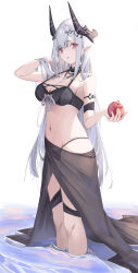 Rule 34 | 1girl, absurdres, apple, arknights, arm up, bare shoulders, bikini, black bikini, breasts, cake walker, cleavage, collar, food, fruit, grey hair, hair ornament, hand in own hair, highres, holding, holding food, holding fruit, horns, incredibly absurdres, jewelry, large breasts, long hair, looking at viewer, mudrock (arknights), mudrock (silent night) (arknights), navel, necklace, official alternate costume, parted lips, poi, red eyes, ribbon, sarong, see-through, simple background, smile, soaking feet, solo, standing, stomach, swimsuit, very long hair, water, white background, white ribbon