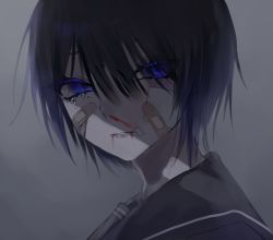 Rule 34 | 1girl, absurdres, bandaid, bandaid on face, black hair, black serafuku, blood, blood from mouth, blue eyes, blue hair, bruise, bruise on face, colored eyelashes, crying, from side, grey background, hair over one eye, highres, injury, kakubi neu, looking at viewer, looking to the side, nosebleed, original, parted lips, portrait, school uniform, serafuku, short hair, simple background, solo, tears