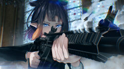 1girl absurdres advarcher alternate_costume assault_rifle black_dress black_hair blue_eyes dress gun highres holding holding_gun holding_weapon hololive hololive_english looking_at_viewer mole mole_under_eye ninomae_ina&#039;nis pointy_ears rifle short_hair solo tentacle_hair virtual_youtuber weapon