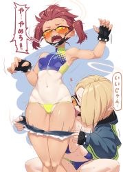 Rule 34 | 2girls, armpits, bikini, blonde hair, blue archive, bracelet, breasts, clothes pull, dev (dev0614), fingerless gloves, glasses, gloves, halo, highres, jewelry, large breasts, licking, licking leg, looking over eyewear, looking over glasses, mask, micro bikini, mouth mask, multiple girls, navel, orange-tinted eyewear, orange-tinted glasses, pants, pants pull, red hair, seaside sukeban (mg) (blue archive), seaside sukeban (smg) (blue archive), sharp teeth, short shorts, shorts, side ponytail, simple background, small breasts, spiked bracelet, spikes, sunglasses, surgical mask, sweat, swimsuit, tan, tanline, teeth, tinted eyewear, translated, undressing another, yellow-tinted eyewear, yuri