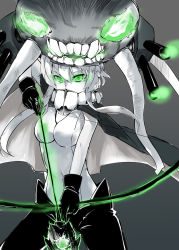 Rule 34 | 10s, 1girl, abyssal ship, arrow (projectile), bodysuit, bow (weapon), cannon, cape, drawing bow, gloves, glowing, glowing eyes, green eyes, harry (namayake), hat, holding bow (weapon), kantai collection, long hair, silver hair, solo, teeth, turret, weapon, wo-class aircraft carrier