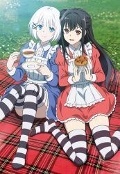 Rule 34 | 2girls, :d, absurdres, apron, black hair, blanket, blue dress, blue eyes, blunt bangs, brown eyes, closed mouth, clothes lift, collared dress, cup, dress, food, grass, hair between eyes, highres, holding, holding cup, holding food, lens flare, looking at viewer, megami magazine, muffin, multiple girls, natsunagi nagisa, official art, open mouth, plaid, red dress, rxdry, scan, siesta (tantei wa mou shindeiru), sitting, skirt, skirt lift, smile, striped legwear, tantei wa mou shindeiru, thighhighs, wariza, white hair