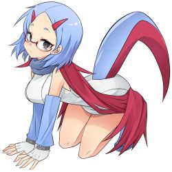Rule 34 | 1girl, all fours, blue footwear, blue hair, breasts, creatures (company), detached sleeves, fingerless gloves, full body, game freak, gen 3 pokemon, glasses, gloves, grey eyes, highres, horns, light blue hair, looking at viewer, medium breasts, nintendo, personification, pince-nez, pokemon, rdim6gr8, red-framed eyewear, red scarf, salamence, scarf, short hair, solo, tail, white background, white gloves