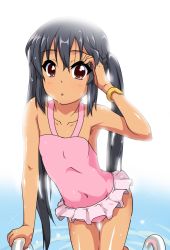 Rule 34 | 1girl, armpits, black hair, brown eyes, casual one-piece swimsuit, female focus, flat chest, k-on!, k10k, long hair, nakano azusa, one-piece swimsuit, pink one-piece swimsuit, solo, swimsuit, tan, twintails, water, wet