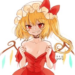 Rule 34 | 1girl, artist name, bad id, bad twitter id, blonde hair, breasts, choker, cleavage, clothes pull, collarbone, dated, flandre scarlet, gesugao, gotou (nekocat), grin, hat, hat ribbon, highres, looking at viewer, mob cap, off shoulder, puffy sleeves, red eyes, ribbon, shirt, shirt pull, short hair with long locks, short sleeves, side ponytail, simple background, skirt, skirt set, small breasts, smile, smirk, solo, touhou, unbuttoned, upper body, white background, wings