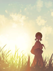 Rule 34 | 1girl, absurdres, bag, bloom, blunt bangs, blurry, blurry foreground, brown eyes, brown hair, cloud, feet out of frame, from below, grass, highres, lens flare, long skirt, low twintails, oka kojiro, original, outdoors, pleated skirt, ribbon, sailor collar, scenery, school bag, school uniform, short twintails, skirt, sky, solo, summer, sunlight, twintails