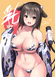 Rule 34 | 1girl, animal ears, animal print, bikini, breasts, brown eyes, brown hair, chinese zodiac, cleavage, collarbone, commentary request, cow ears, cow girl, cow horns, cow print, cowboy shot, curvy, dated, fingernails, grin, horns, japanese clothes, kimono, large breasts, looking at viewer, medium hair, milking machine, navel, original, sakuramon, sidelocks, smile, solo, swimsuit, thighs, year of the ox, yoshikawa hideaki