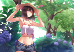Rule 34 | 1girl, adjusting clothes, adjusting headwear, armpits, bare arms, black hair, breasts, crop top, dutch angle, ese shinshi, flower, forest, groin, hair between eyes, hat, hydrangea, looking at viewer, medium breasts, midriff, nature, navel, original, outdoors, purple eyes, short hair, shorts, sleeveless, smile, solo, straw hat