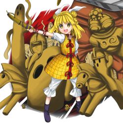 Rule 34 | 1girl, armor, armored dress, blonde hair, bloomers, blouse, blue footwear, boots, commentary request, doguu, doll, double bun, dress, figure, full body, hair bun, hair ribbon, haniwa (statue), harukawa moe (style), highres, holding, horse, japanese armor, joutouguu mayumi, keiki8296, open mouth, puffy short sleeves, puffy sleeves, red ribbon, ribbon, shirt, short hair, short sleeves, standing, teeth, touhou, underwear, upper teeth only, vambraces, white bloomers, white ribbon, white shirt, wily beast and weakest creature, yellow dress, yellow eyes