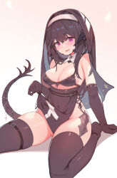 Rule 34 | 1girl, absurdres, ankle belt, au ra, belt, black belt, black bra, black gloves, black hair, black horns, black tail, black thighhighs, black veil, blunt bangs, blush, bra, breasts, chinese commentary, cleavage, clothes lift, commentary, covered navel, cross, cross necklace, detached collar, dragon girl, dragon horns, dragon tail, elbow gloves, final fantasy, final fantasy xiv, foot out of frame, gloves, high-waist skirt, highres, horns, jewelry, unworn jewelry, lifted by self, looking at viewer, medium breasts, necklace, unworn necklace, nun, open mouth, pink eyes, scales, side slit, sidelocks, sitting, skirt, skirt lift, solo, tail, tail ornament, thigh belt, thigh strap, thighhighs, underwear, veil, wariza, warrior of light (ff14), white background, zhazhapao
