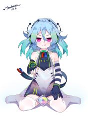 Rule 34 | 1girl, :q, absurdres, aqua hair, asymmetrical gloves, bare shoulders, benghuai xueyuan, blue gloves, blue hair, blush, cd, cd case, closed mouth, commentary request, elbow gloves, fingerless gloves, full body, gloves, gradient hair, hair between eyes, headphones, highres, honkai (series), leotard, looking at viewer, multicolored hair, no shoes, purple eyes, see-through, shadow, single elbow glove, single fingerless glove, sitting, smile, solo, striped, thighhighs, tongue, tongue out, tsubasa tsubasa, uneven gloves, v-shaped eyebrows, wariza, white background, white leotard, white thighhighs