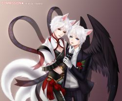 Rule 34 | 2boys, animal ears, aqua eyes, artist name, black wings, blue eyes, character request, claws, elsword, facial mark, flower, fox ears, fox tail, gloves, heterochromia, highres, jewelry, male focus, multiple boys, multiple tails, pants, ravaniz, red eyes, ring, rose, striped clothes, striped pants, tail, white gloves, white hair, wings