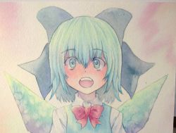Rule 34 | 1girl, blue eyes, blue hair, bow, cirno, hair bow, ice, ice wings, matching hair/eyes, open mouth, painting (medium), smile, solo, teeth, touhou, traditional media, watercolor (medium), wings, yuyu (00365676)