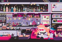 Rule 34 | 1girl, ^ ^, alcohol, bar (place), black footwear, blender (object), blush, bottle, bow, bowtie, bubble, bucket, can, closed eyes, commentary, couch, cup, cushion, disposable cup, drinking glass, drinking straw, electrical outlet, facing viewer, flat color, food, gourd, hair bow, highres, horns, ibuki suika, ice, ice cream, ice cube, indoors, leaf, long hair, magnet, no lineart, note, okunoda miyoi, okunoda miyoi (whale), oni, oni horns, orange hair, purple skirt, red bow, red bowtie, refrigerator, sakazuki, shelf, shirt, signature, sink, sitting, skirt, sleeveless, sleeveless shirt, solo, spoon, stool, thatpebble, touhou, very long hair, white shirt, wide shot, wine glass