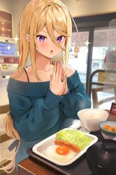 Rule 34 | 1girl, black ribbon, blonde hair, blue sweater, bowl, bra strap, collarbone, egg (food), food, hair between eyes, hair ribbon, highres, indoors, kusumoto touka, long hair, long sleeves, off-shoulder sweater, off shoulder, open mouth, original, own hands together, palms together, photo background, purple eyes, ribbon, rice, rice bowl, sausage, sitting, solo, sweater