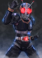 Rule 34 | 1boy, antennae, armor, aura, black bodysuit, bodysuit, clenched hand, glowing, glowing eyes, highres, kamen rider, kamen rider black, kamen rider black (series), looking at viewer, male focus, red eyes, rider belt, solo, steam, zombie mogura