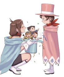 Rule 34 | 2boys, 2girls, ace attorney, aged down, antenna hair, apollo justice, apollo justice: ace attorney, athena cykes, black dress, black hair, blue cape, blue eyes, blue headwear, blush, boots, brooch, brown hair, cape, closed eyes, closed mouth, confetti, diamond brooch, dress, dual persona, gloves, hat, unworn hat, unworn headwear, height difference, highres, holding, jacket, jewelry, knee boots, long hair, looking at another, low-tied long hair, magician, mini person, miniboy, minigirl, multiple boys, multiple girls, open mouth, orange hair, phoenix wright, phoenix wright: ace attorney - dual destinies, pink cape, pink headwear, pointing, red scarf, red vest, renshu usodayo, scarf, shirt, short hair, side ponytail, simple background, smile, spiked hair, top hat, trucy wright, vest, white background, white footwear, white gloves, white shirt, yellow jacket