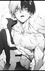 Rule 34 | 1boy, absurdres, bodysuit, boku no hero academia, greyscale, highres, letterboxed, looking at viewer, male focus, monochrome, multicolored hair, niwarhythm, open mouth, pectorals, scar, scar on face, solo, sweat, todoroki shouto, torn clothes, two-tone hair, upper body, wide-eyed