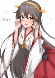 Rule 34 | 1girl, bare shoulders, black hair, blush, brown eyes, detached sleeves, fang, hair between eyes, hairband, haruna (kancolle), haruna kai ni (kancolle), headgear, highres, japanese clothes, kantai collection, long hair, motti (motthi0711), nontraditional miko, open mouth, red skirt, ribbon-trimmed sleeves, ribbon trim, simple background, skirt, solo, white background, white sleeves, wide sleeves