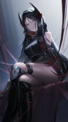 Rule 34 | 1girl, absurdres, arknights, arm behind back, bare shoulders, black footwear, black hair, black jacket, black nails, commentary, crossed legs, feet out of frame, fingernails, hair between eyes, high collar, highres, holding, horns, ines (arknights), jacket, long hair, long sleeves, looking at viewer, off-shoulder shirt, off shoulder, parted lips, red ribbon, ren (gh), ribbon, sharp fingernails, shirt, sitting, slit pupils, solo, symbol-only commentary, thighs, very long hair, yellow eyes