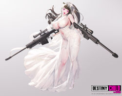 Rule 34 | 1girl, absurdres, anti-materiel rifle, barrett m82, breasts, bridal veil, brown hair, cleavage, clothing cutout, destiny child, dress, dual wielding, earrings, eyelashes, full body, garter straps, gradient background, gun, head tilt, heart, heart-shaped pupils, high heels, highres, holding, huge breasts, hyulla, jewelry, lace, lace-trimmed legwear, lace trim, long hair, looking at viewer, mole, mole on arm, mole on breast, navel, navel cutout, necklace, official art, open mouth, pink eyes, revealing clothes, rifle, scope, see-through, shoes, simple background, sniper rifle, solo, standing, stiletto heels, swept bangs, symbol-shaped pupils, thighhighs, thighs, veil, weapon, wedding dress, wedding hildr, white dress, white footwear, white thighhighs