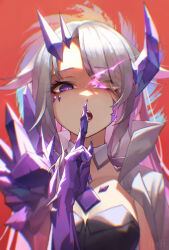 Rule 34 | 1girl, absurdres, alternate costume, alternate hairstyle, arupaoka, cracked skin, crystal, crystal horn, detached collar, finger to mouth, glowing, glowing eye, grey hair, hair over one eye, highres, hololive, hololive english, horns, koseki bijou, looking at viewer, open mouth, parted hair, purple eyes, red background, simple background, solo, upper body, virtual youtuber