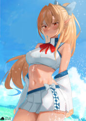 Rule 34 | 1girl, absurdres, adapted costume, bare shoulders, blonde hair, blue bow, blue sky, blush, bow, bowtie, breasts, cleavage cutout, clothing cutout, cloud, contrapposto, dark-skinned female, dark skin, day, deozt, detached sleeves, elf, hair between eyes, hair bow, hair intakes, highres, hololive, large breasts, long hair, looking at viewer, midriff, miniskirt, multicolored hair, navel, ocean, pleated skirt, pointy ears, ponytail, red bow, red bowtie, red eyes, shiranui flare, shiranui flare (1st costume), sidelocks, skirt, sky, solo, splashing, stomach, streaked hair, turtleneck, very long hair, virtual youtuber, water, white hair, white skirt