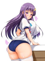 Rule 34 | 1girl, alternate costume, ass, blue bow, blush, bow, breasts, buruma, commentary request, covered erect nipples, ebi 193, gym uniform, hair bow, huge breasts, long hair, looking at viewer, looking back, patchouli knowledge, puffy sleeves, purple eyes, purple hair, red bow, simple background, skindentation, solo, standing, thick thighs, thighhighs, thighs, touhou, vaulting horse, white background, white thighhighs