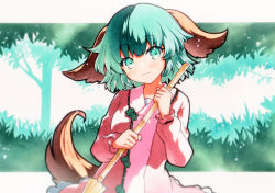 Rule 34 | 1girl, animal ears, blush, broom, closed mouth, dog ears, dog tail, dress, frilled dress, frills, green eyes, green hair, highres, holding, holding broom, kasodani kyouko, long sleeves, looking at viewer, pink dress, qqqrinkappp, short hair, smile, solo, tail, touhou, traditional media, upper body